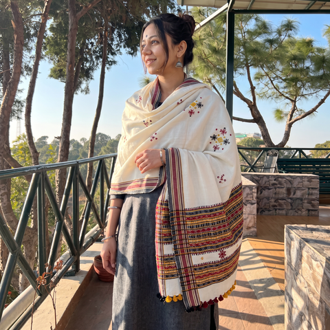 White Kutch Handwoven Mirror Work Chomuk Buta Acrylic Wool Shawl, worn by a model, AI visual of the shawl, iTokri