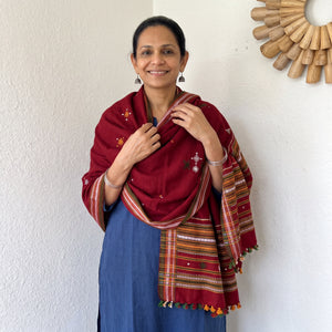 Maroon Kutch Handwoven Mirror Work Chomuk Buta Acrylic Wool Shawl, worn by a model, AI visual of the shawl, iTokri