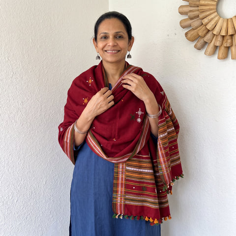 Maroon Kutch Handwoven Mirror Work Chomuk Buta Acrylic Wool Shawl, worn by a model, AI visual of the shawl, iTokri