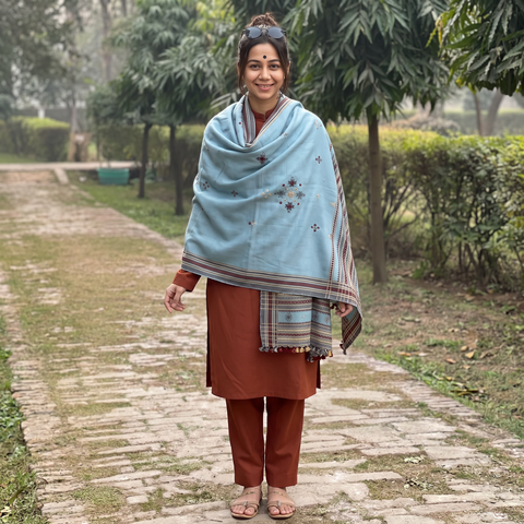 Blue Kutch Handwoven Mirror Work Chomuk Buta Acrylic Wool Shawl, worn by a model, AI visual of the shawl, iTokri