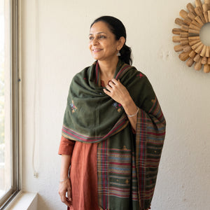 Olive Kutch Handwoven Mirror Work Chomuk Buta Acrylic Wool Shawl, worn by a model, AI visual of the shawl, iTokri