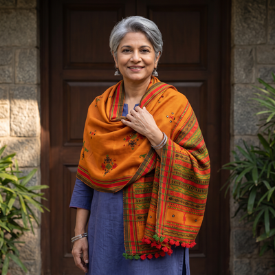 Orange Kutch Handwoven Mirror Work Chomuk Buta Acrylic Wool Shawl, worn by a model, AI visual of the shawl, iTokri