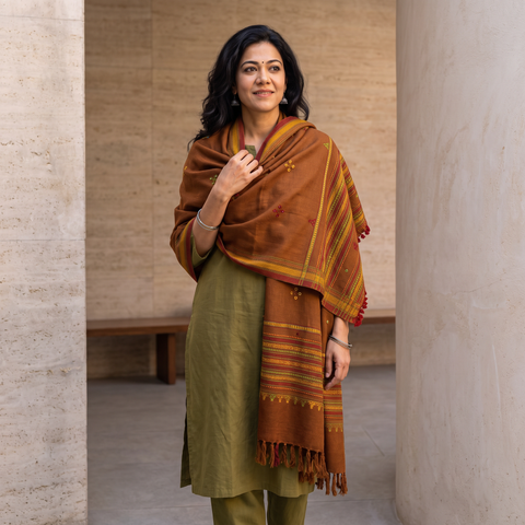 Brown Kutch Handwoven Mirror Work Chomuk Buta Acrylic Wool Shawl, worn by a model, AI visual of the shawl, iTokri