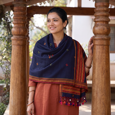 Blue Kutch Handwoven Mirror Work Chomuk Buta Acrylic Wool Shawl, worn by a model, AI visual of the shawl, iTokri