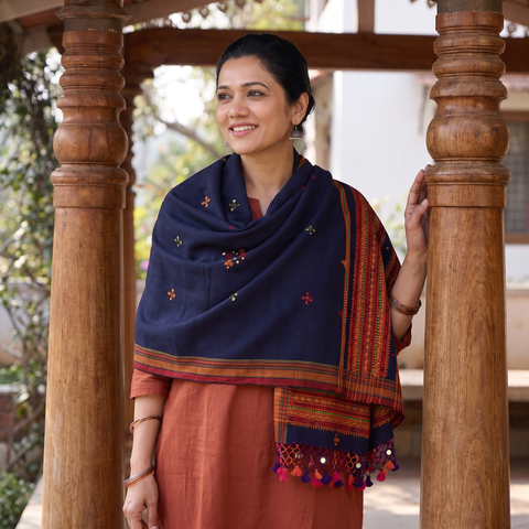 Blue Kutch Handwoven Mirror Work Chomuk Buta Acrylic Wool Shawl, worn by a model, AI visual of the shawl, iTokri