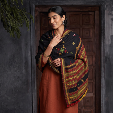 Black Kutch Handwoven Mirror Work Chomuk Buta Acrylic Wool Shawl, worn by a model, AI visual of the shawl, iTokri