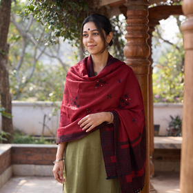 Red Kutch Handwoven Mirror Work Chomuk Buta Acrylic Wool Shawl, worn by a model, AI visual of the shawl, iTokri