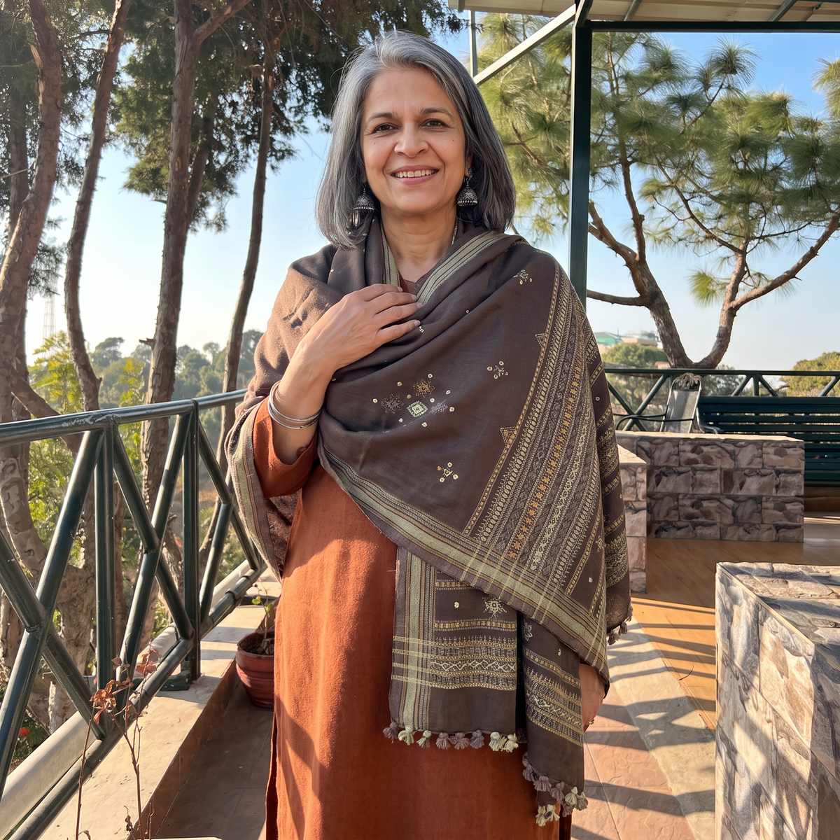 Brown Kutch Handwoven Mirror Work Chomuk Buta Acrylic Wool Shawl, worn by a model, AI visual of the shawl, iTokri