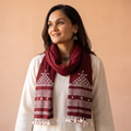 Maroon Kutch Handwoven Mirror Work Merino Wool Embroidered Stole, worn by a woman, AI visual of the stole, iTokri