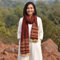 Maroon Kutch Handwoven Mirror Work Merino Wool Embroidered Stole, worn by a woman, AI visual of the stole, iTokri