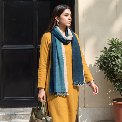 Blue Kutch Handwoven Three Shaded Merino Wool and Katia Silk Stole, worn by a woman, AI visual of the stole, iTokri