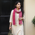 Pink Kutch Handwoven Three Shaded Merino Wool and Katia Silk Stole, worn by a woman, AI visual of the stole, iTokri
