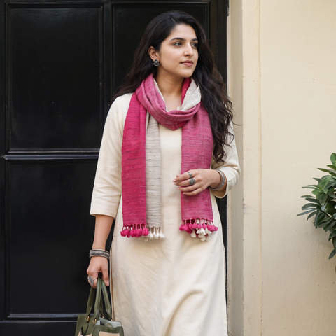 Pink Kutch Handwoven Three Shaded Merino Wool and Katia Silk Stole, worn by a woman, AI visual of the stole, iTokri