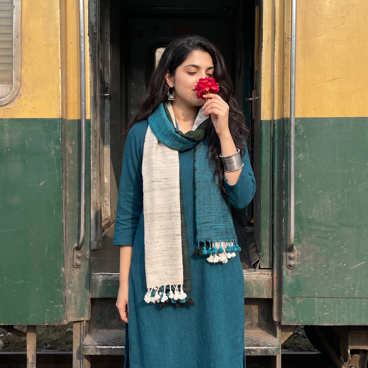 Multicolor Kutch Handwoven Three Shaded Merino Wool and Katia Silk Stole, worn by a woman, AI visual of the stole, iTokri