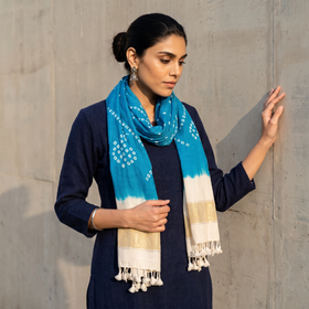 Blue Kutch Handwoven Tie & Dye Merino Wool Bandhani Stole, worn by a woman, AI visual of the stole, iTokri