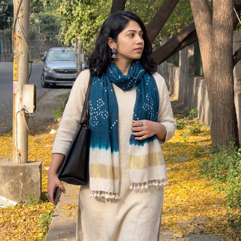 Blue Kutch Handwoven Tie & Dye Merino Wool Bandhani Stole, worn by a woman, AI visual of the stole, iTokri