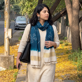 Blue Kutch Handwoven Tie & Dye Merino Wool Bandhani Stole, worn by a woman, AI visual of the stole, iTokri