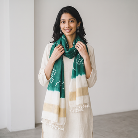 Green Kutch Handwoven Tie & dye Merino Wool Bandhani Stole, worn by a woman, AI visual of the stole, iTokri