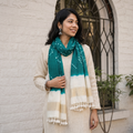 Green Kutch Handwoven Tie & dye Merino Wool Bandhani Stole, worn by a woman, AI visual of the stole, iTokri