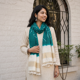 Green Kutch Handwoven Tie & dye Merino Wool Bandhani Stole, worn by a woman, AI visual of the stole, iTokri