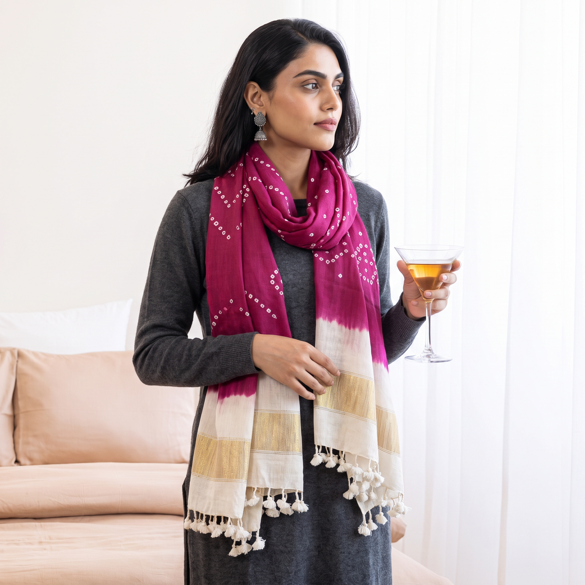 Pink Kutch Handwoven Tie & Dye Merino Wool Bandhani Stole, worn by a woman, AI visual of the stole, iTokri