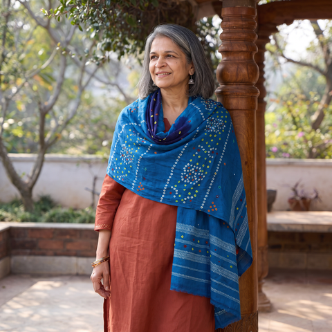 Blue Kutch Mirror Work Handwoven Bandhani Bagida Merino Wool Shawl, worn by a model, AI visual of the shawl, iTokri
