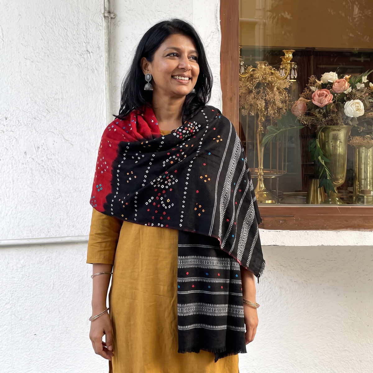 Black Kutch Mirror Work Handwoven Bandhani Bagida Merino Wool Shawl, worn by a model, AI visual of the shawl, iTokri