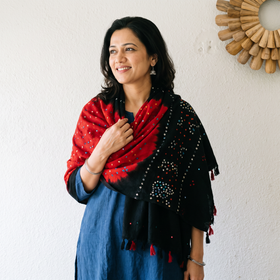 Black Kutch Mirror Work Handwoven Bandhani Bagida Merino Wool Shawl, worn by a model, AI visual of the shawl, iTokri