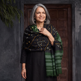 Black Kutch Mirror Work Handwoven Bandhani Bagida Merino Wool Shawl, worn by a model, AI visual of the shawl, iTokri