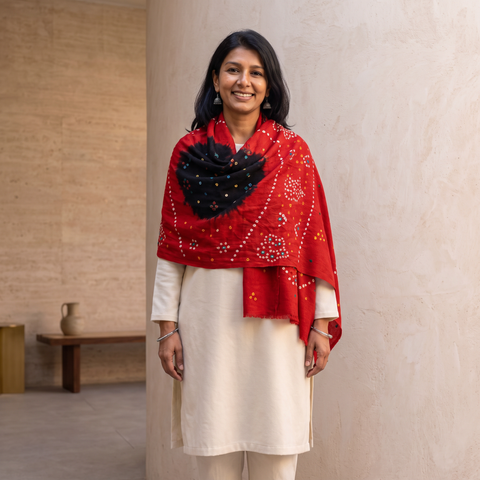 Red Kutch Mirror Work Handwoven Bandhani Bagida Woolen Shawl, worn by a model, AI visual of the shawl, iTokri