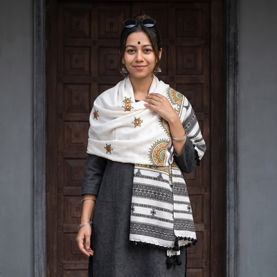 White Kutch Mirror Work Handwoven Neran Hand Embroidery Acrylic Wool Shawl, worn by a model, AI visual of the shawl, iTokri