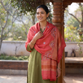 Red Kutch Neran Hand Embroidery Mirror Work Acrylic Woollen Shawl, worn by a model, AI visual of the shawl, iTokri