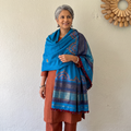 Blue Kutch Neran Hand Embroidery Mirror Work Acrylic Woollen Shawl, worn by a model, AI visual of the shawl, iTokri