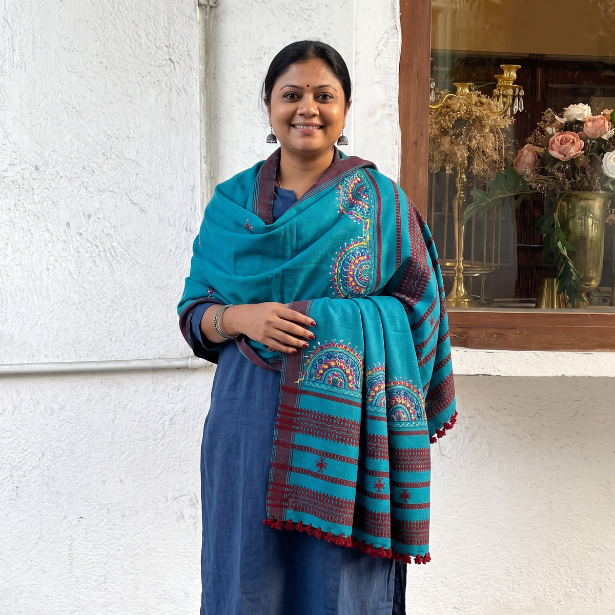 Blue Kutch Neran Hand Embroidery Mirror Work Acrylic Woollen Shawl, worn by a model, AI visual of the shawl, iTokri