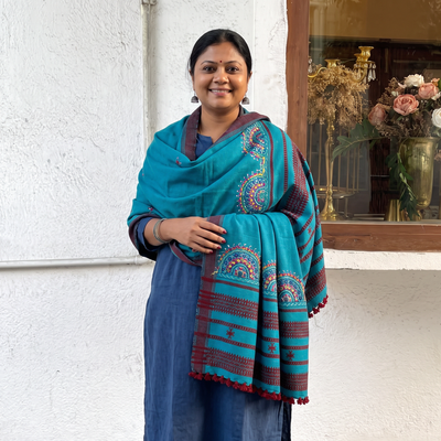 Blue Kutch Neran Hand Embroidery Mirror Work Acrylic Woollen Shawl, worn by a model, AI visual of the shawl, iTokri