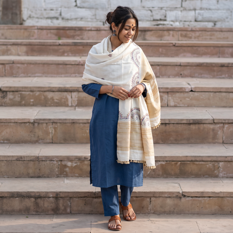White Kutch Neran Hand Embroidery Mirror Work Acrylic Woollen Shawl, worn by a model, AI visual of the shawl, iTokri