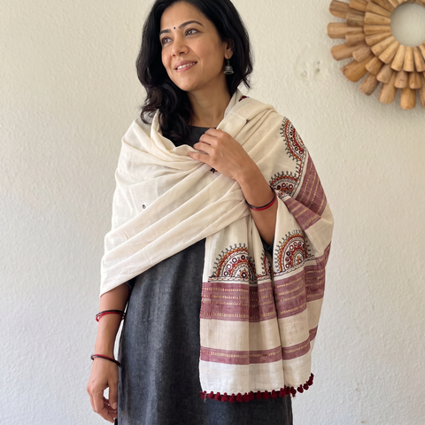 White Kutch Neran Hand Embroidery Mirror Work Woollen Shawl, worn by a model, AI visual of the shawl, iTokri
