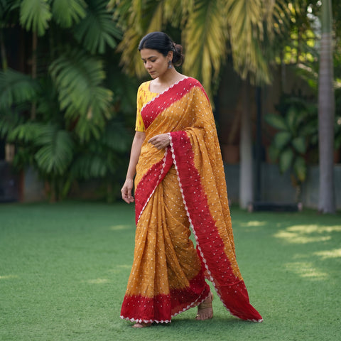 Yellow Kutch Rai Bandhani Pure Mul Cotton Saree with Blouse Piece, draped and worn by a woman, AI visual of the saree, iTokri