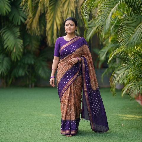 Brown Kutch Rai Bandhani Pure Mul Cotton Saree with Blouse Piece, draped and worn by a woman, AI visual of the saree, iTokri