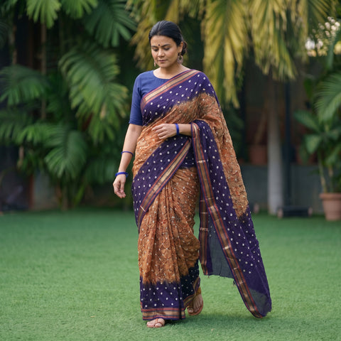 Brown Kutch Rai Bandhani Pure Mul Cotton Saree with Blouse Piece, draped and worn by a woman, AI visual of the saree, iTokri