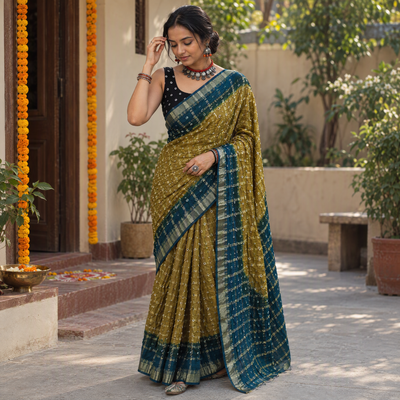 Olive green and teal Kutch tie-dye Bandhani cotton saree, draped and worn by a woman, by artisan Shabana Khatri, AI visual of the saree, iTokri