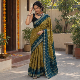 Olive green and teal Kutch tie-dye Bandhani cotton saree, draped and worn by a woman, by artisan Shabana Khatri, AI visual of the saree, iTokri