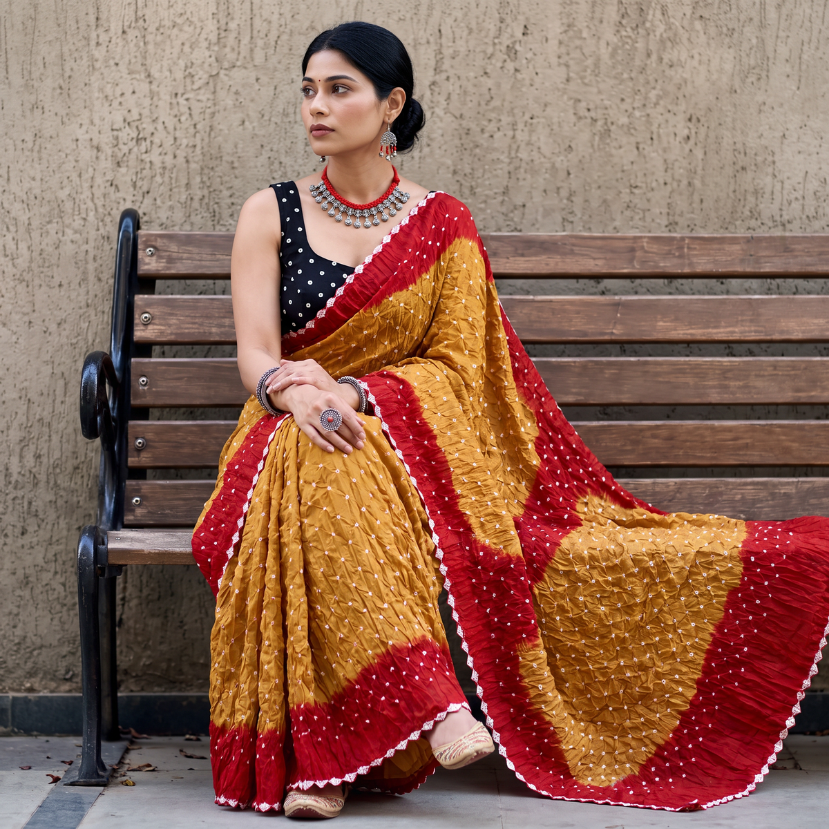 Mustard yellow and red Kutch tie-dye Bandhani cotton saree, draped and worn by a woman, by artisan Shabana Khatri, AI visual of the saree, iTokri