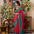 Pink and teal Kutch tie-dye Bandhani cotton saree, draped and worn by a woman, by artisan Shabana Khatri, AI visual of the saree, iTokri