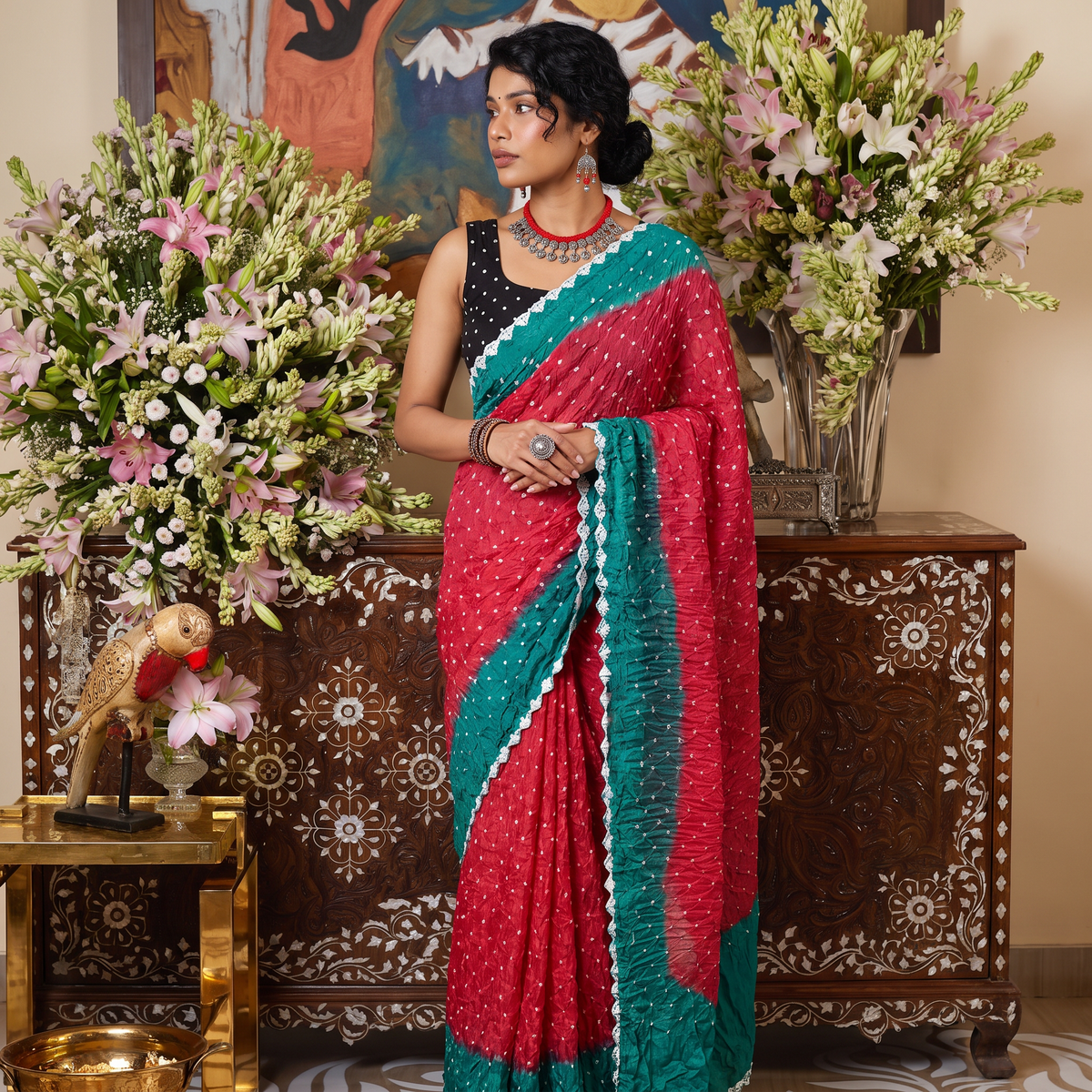 Pink and teal Kutch tie-dye Bandhani cotton saree, draped and worn by a woman, by artisan Shabana Khatri, AI visual of the saree, iTokri