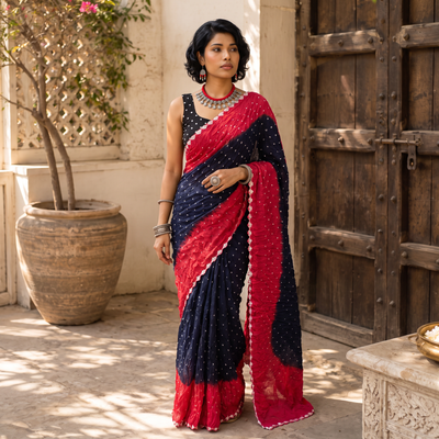 Black and red Kutch tie-dye Bandhani cotton saree, draped and worn by a woman, by artisan Shabana Khatri, AI visual of the saree, iTokri