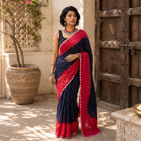 Black and red Kutch tie-dye Bandhani cotton saree, draped and worn by a woman, by artisan Shabana Khatri, AI visual of the saree, iTokri