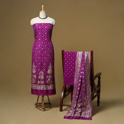 Kutch tie-dye bandhani dupion silk zari work 3pc unstitched