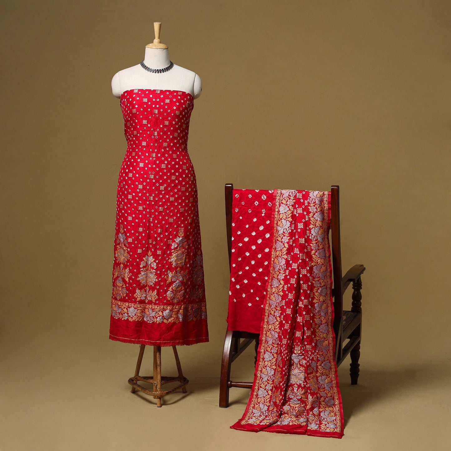 Kutch tie-dye bandhani dupion silk zari work 3pc unstitched