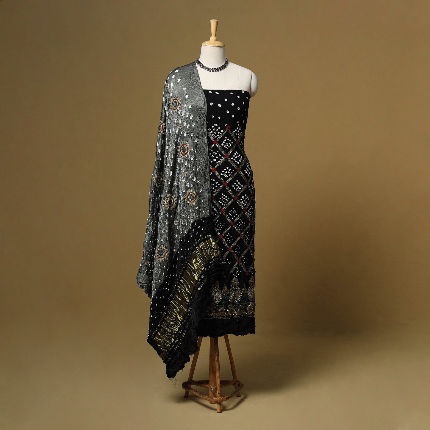 Kutch tie-dye bandhani modal silk zari work 3pc unstitched